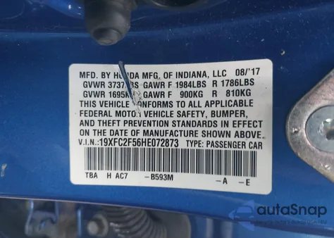 2017 Honda Civic Lx from USA, damaged, VIN 19XFC2F56HE072873